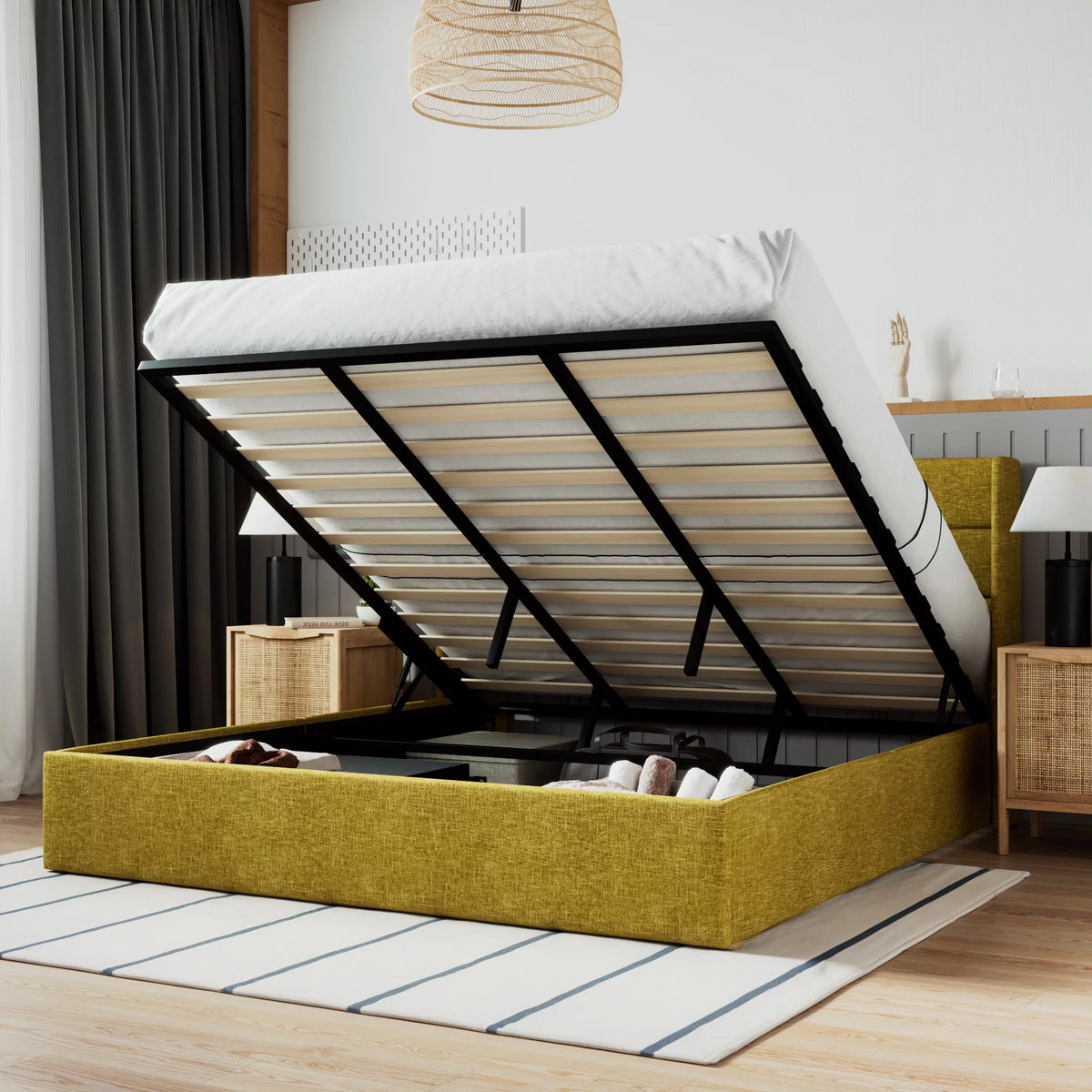 Beige Queen Size Lift Up Platform Bed Frame with Headboard V9892