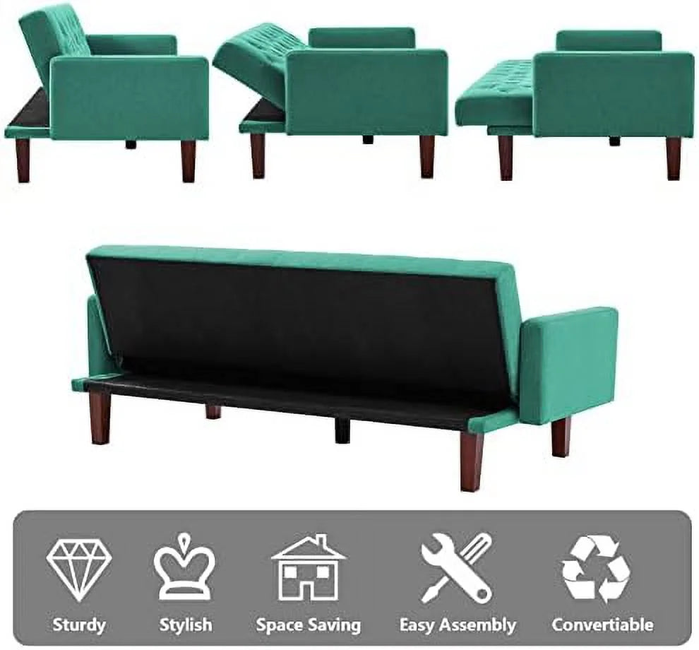 Linen Upholstered Futon Sofa Bed 74" Tufted 3 Seater (Grey) S60989