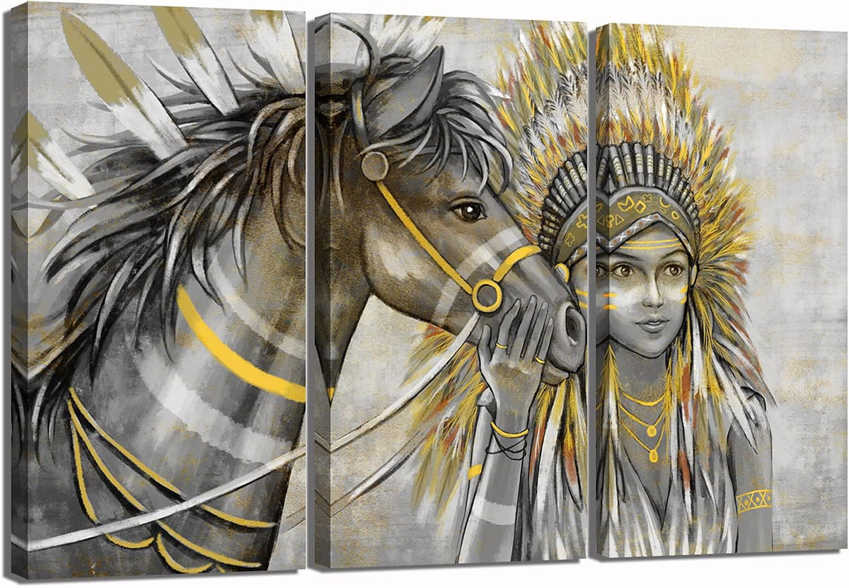 Set of 3 Canvas Painting Native American Women with Horse Feathers Headdress Poster Artwork Framed I8798