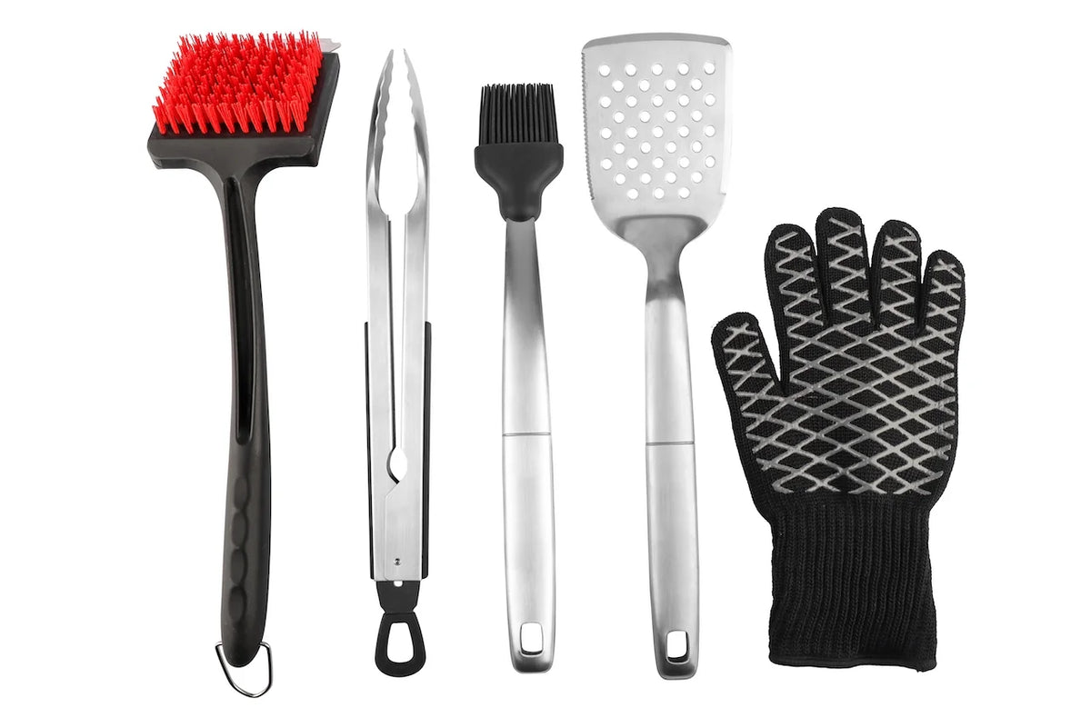 5 Pc BBQ Grill Set with Tongs Spatula Basting Brush Cleaning Brush and Heat Gloves N466509