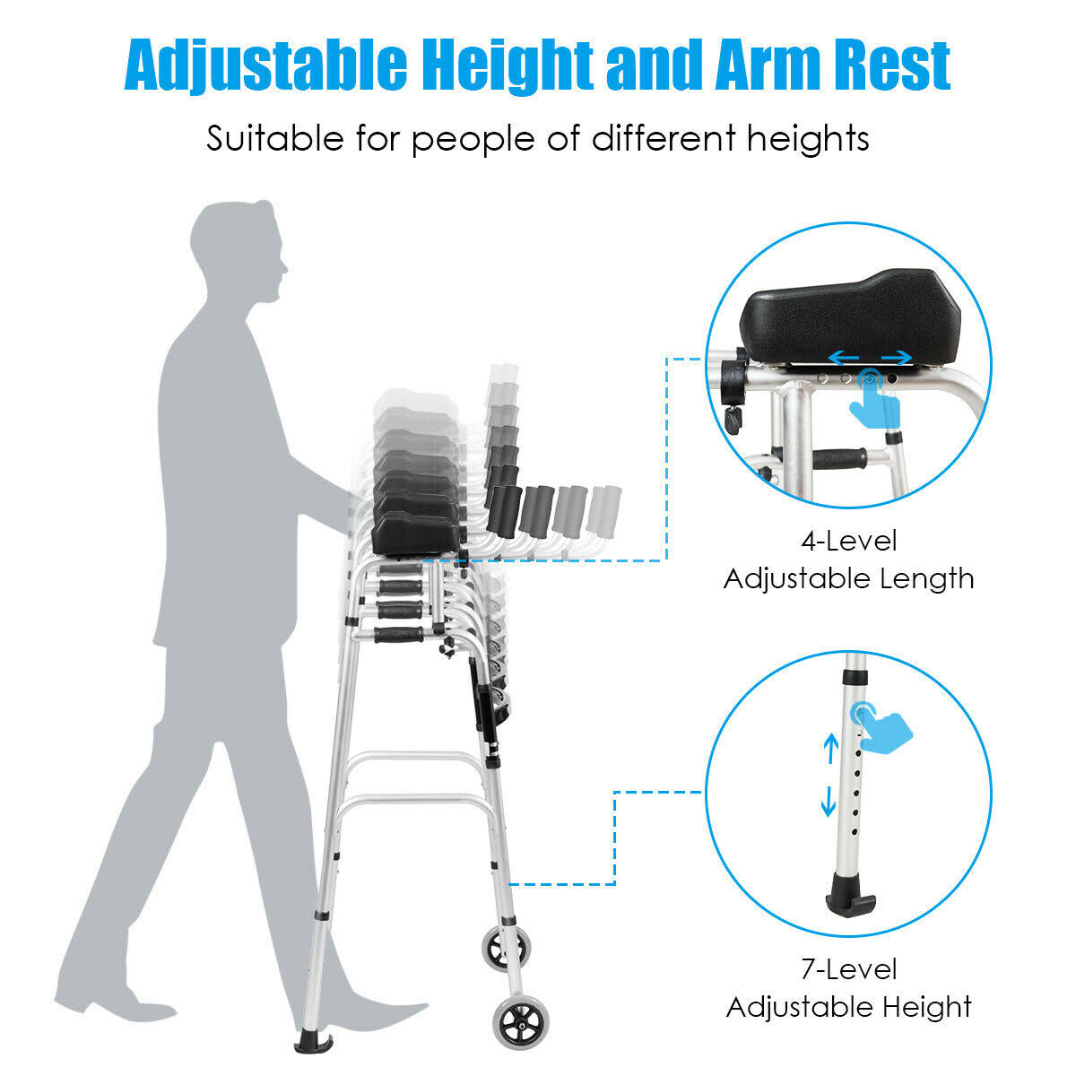 Folding Height Adjustable Walking Frame with Armrest Y711