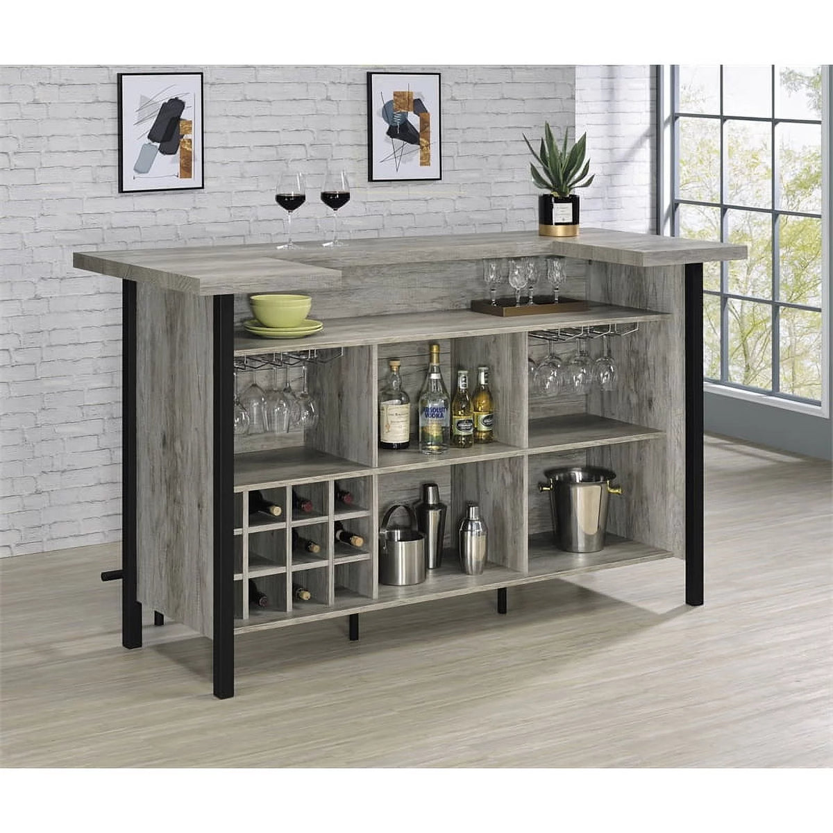 70.75"W Modern Wood Bar Unit in Gray Driftwood/Black P4657