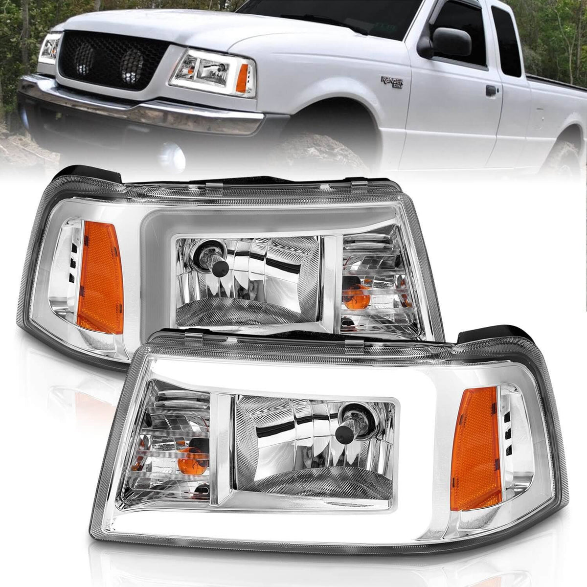 Chrome Housing Crystal Headlights with Light Bar I766