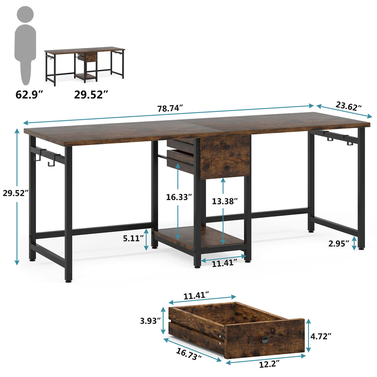 78 Inch Double Working Desk with 2 Drawers and Shelf J428109
