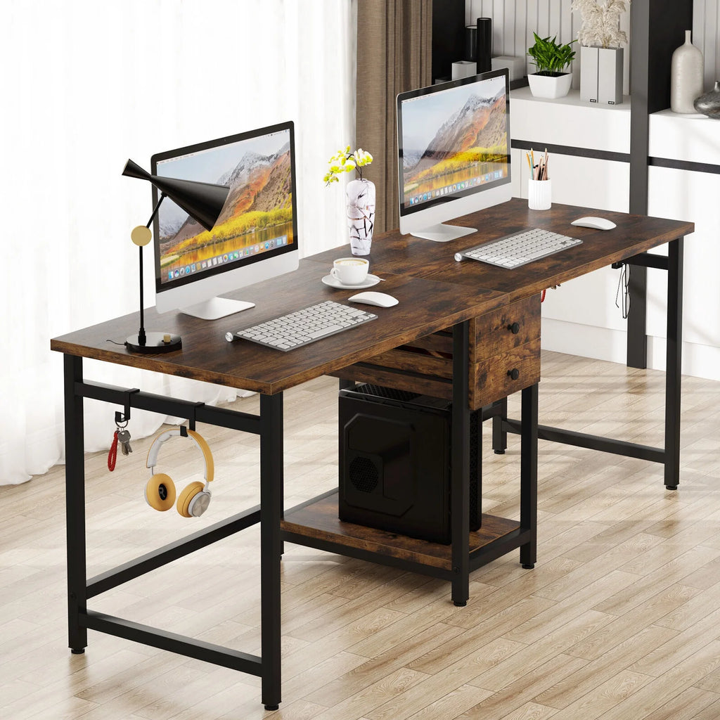78 Inch Double Working Desk with 2 Drawers and Shelf J428109