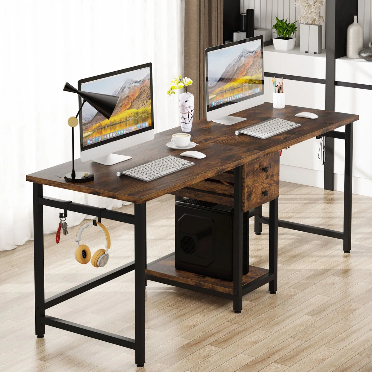 78 Inch Double Working Desk with 2 Drawers and Shelf J428109