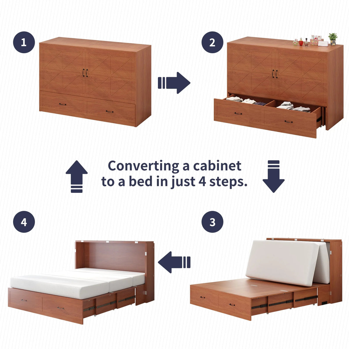 Queen Size Solid Wood Murphy Bed Cabinet with Storage Drawer and Charging Station A571
