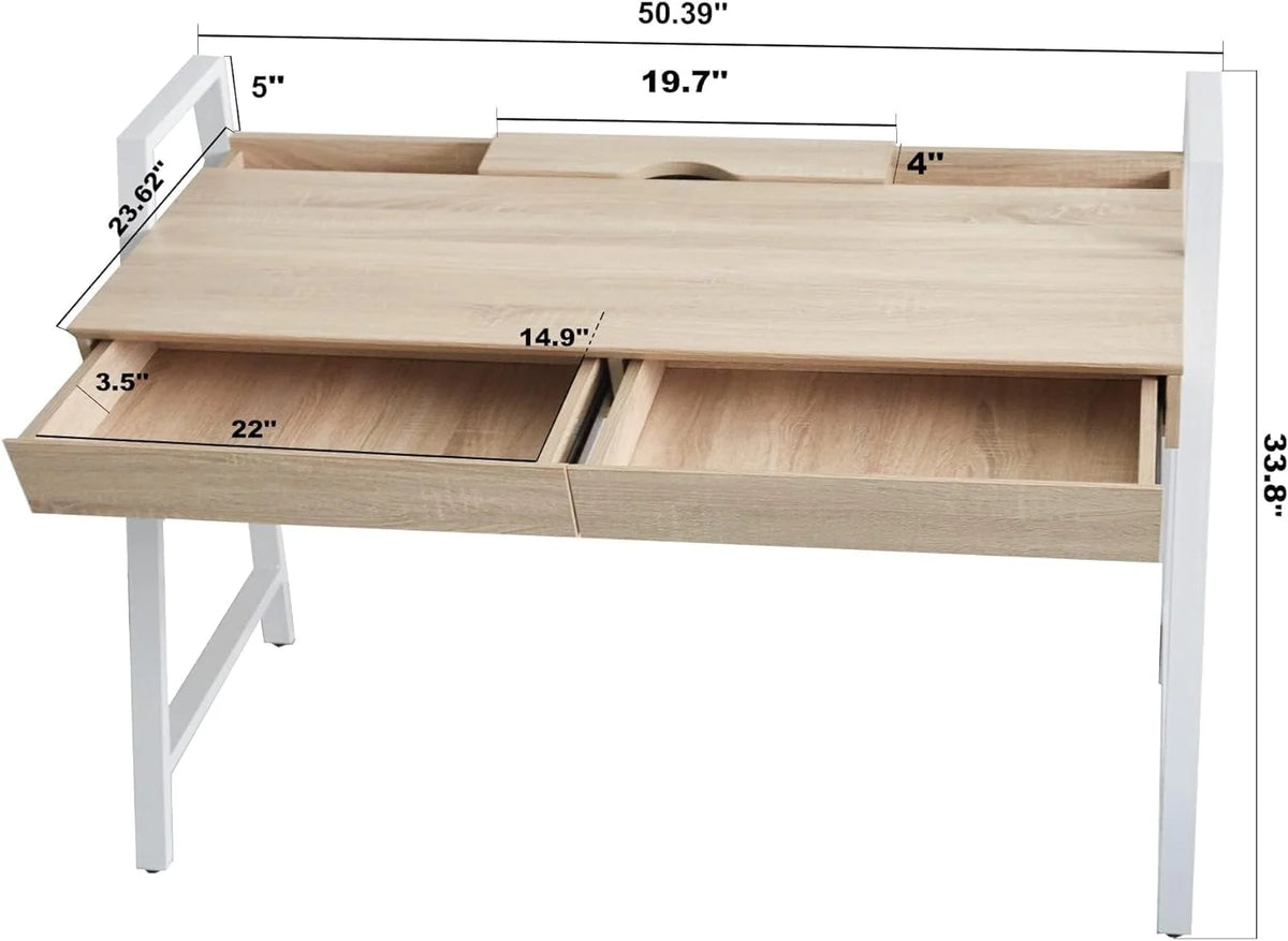 White Wood Computer Desk with Monitor Shelf and Drawers Y55489