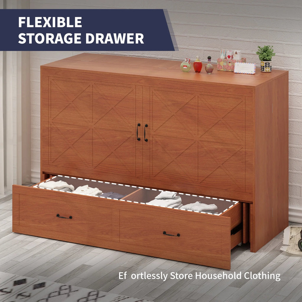 Queen Size Solid Wood Murphy Bed Cabinet with Storage Drawer and Charging Station A571