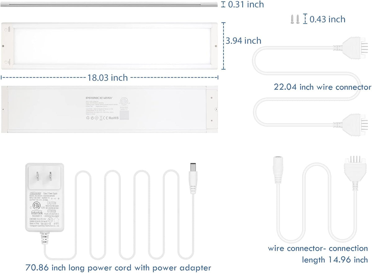 LED Under Cabinet Light, 18 Inch, 9W, 720lm, Dimmable, 5 Color Temperature, Pack of 2 H192