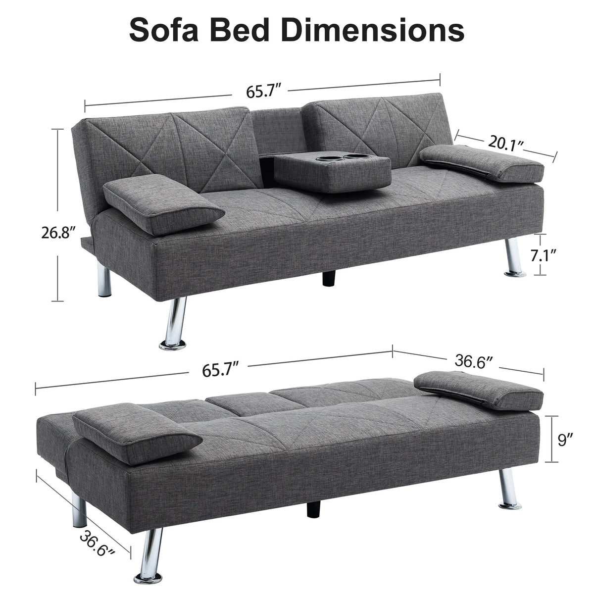 Gray Linen Convertible Folding Futon Sofa Bed with Removable Armrests I19365