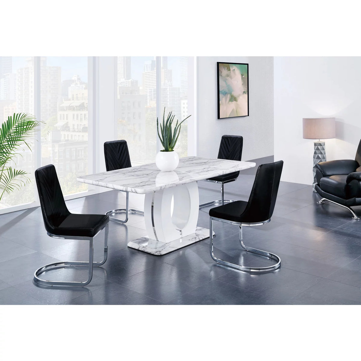 White Faux Marble Pedestal Base Dining Table Y686