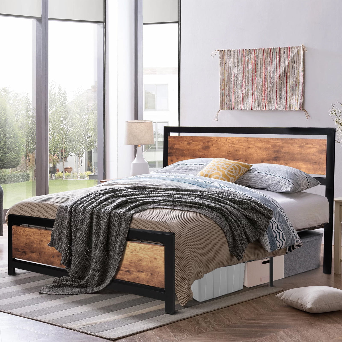 Black Metal Full Bed Frame with Wooden Headboard and Footboard K663
