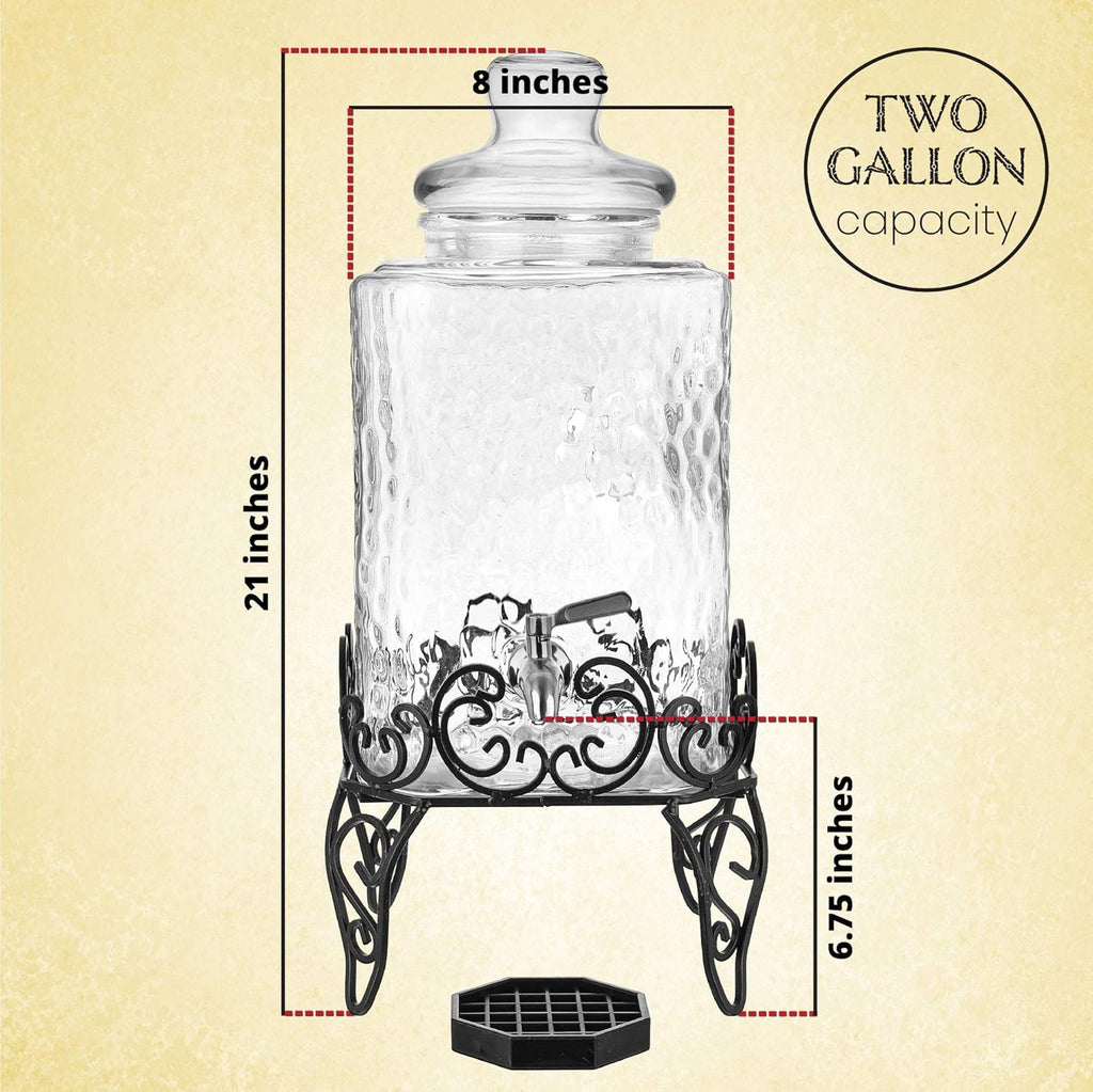 2.5 Gallon Glass Beverage Dispenser with Stainless Steel Spigot on Metal Stand and Drip Tray, Pack of 2 T767578
