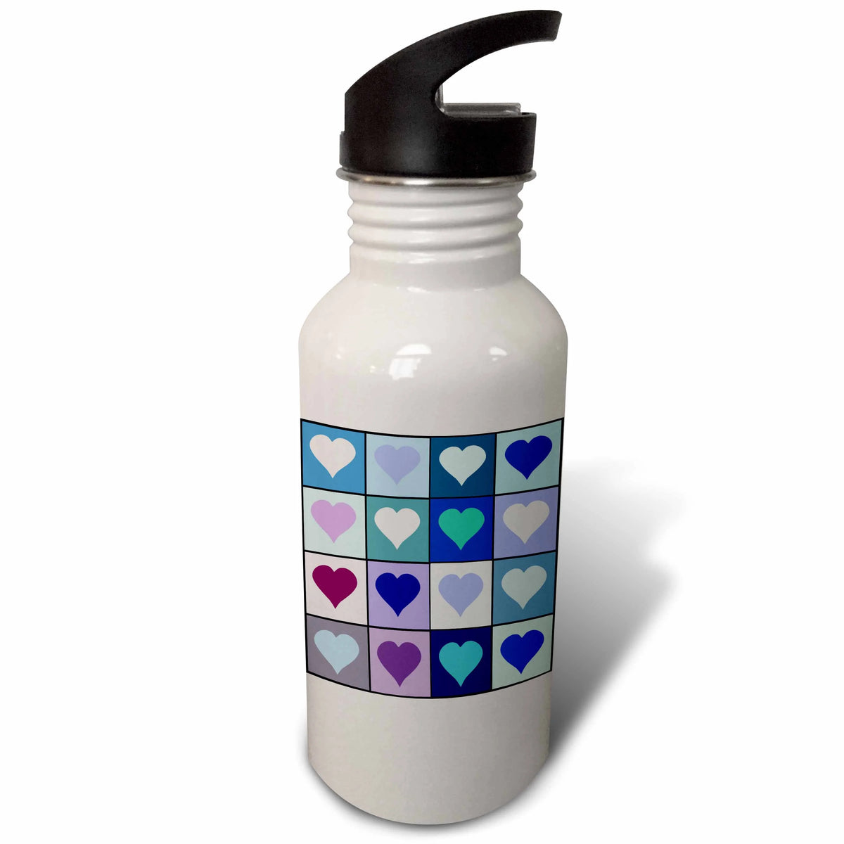 Blue Turquoise Aqua Love Heart Squares Mosaic 21 oz Sports Water Bottle O2052