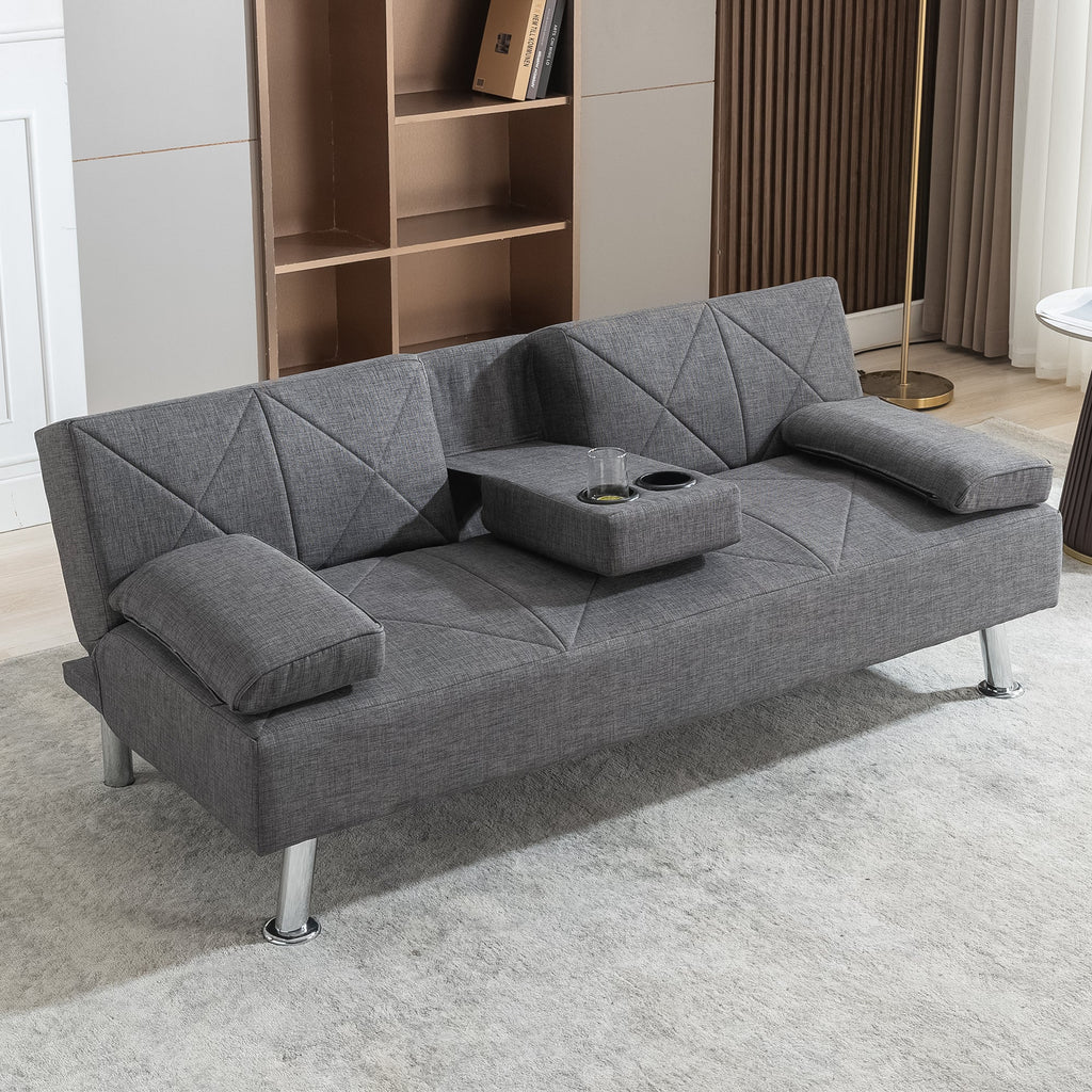 Gray Linen Convertible Folding Futon Sofa Bed with Removable Armrests I19365