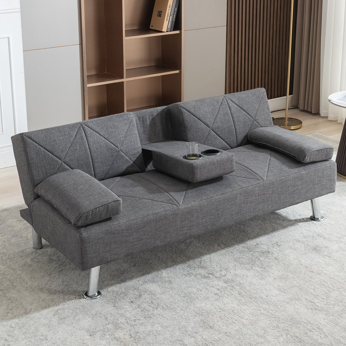 Gray Linen Convertible Folding Futon Sofa Bed with Removable Armrests I19365