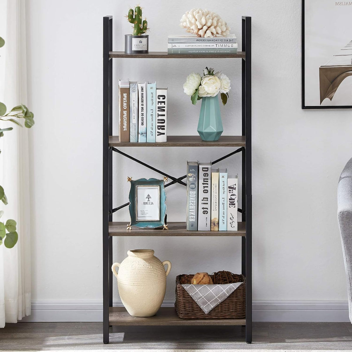 4-Tier Vintage Bookshelf with Metal Frame - Oak Grey A4767