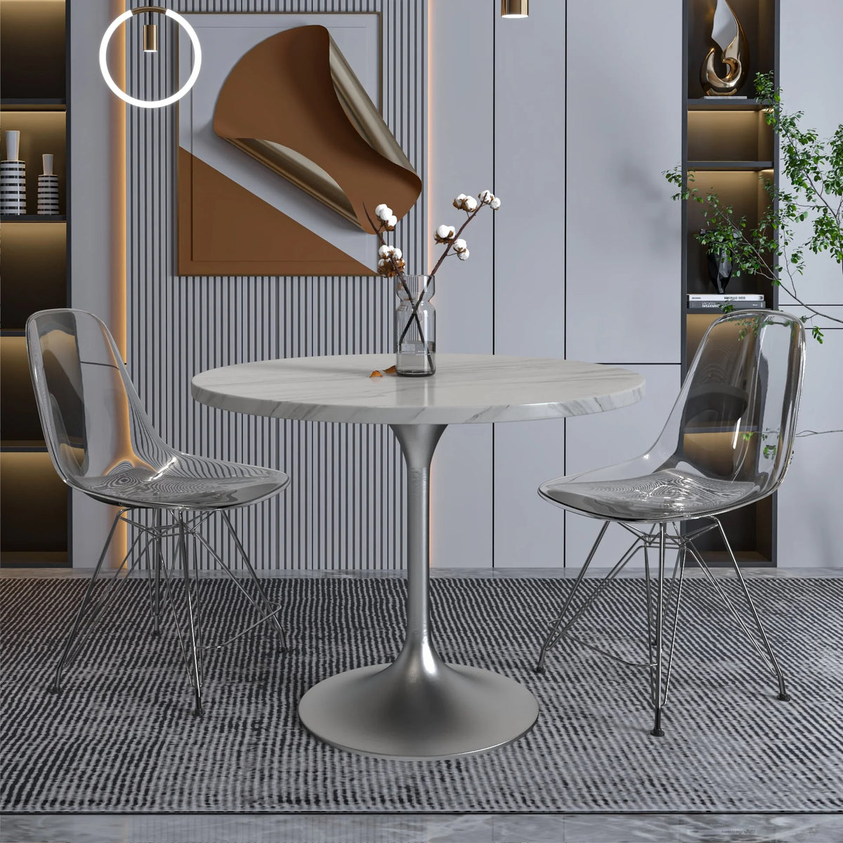 36" Round Sintered Stone Dining Table with Stainless Steel Pedestal Base E835169