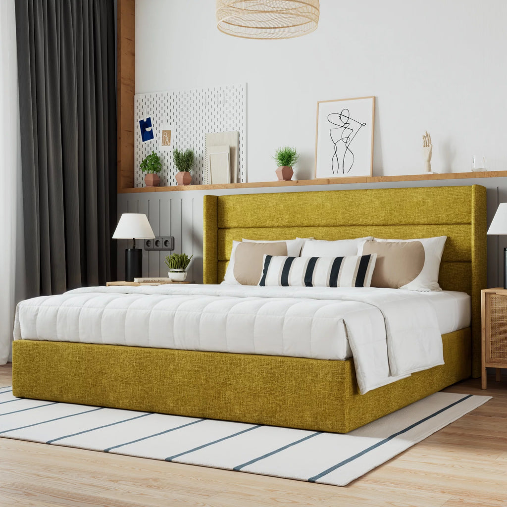 Beige Queen Size Lift Up Platform Bed Frame with Headboard V9892