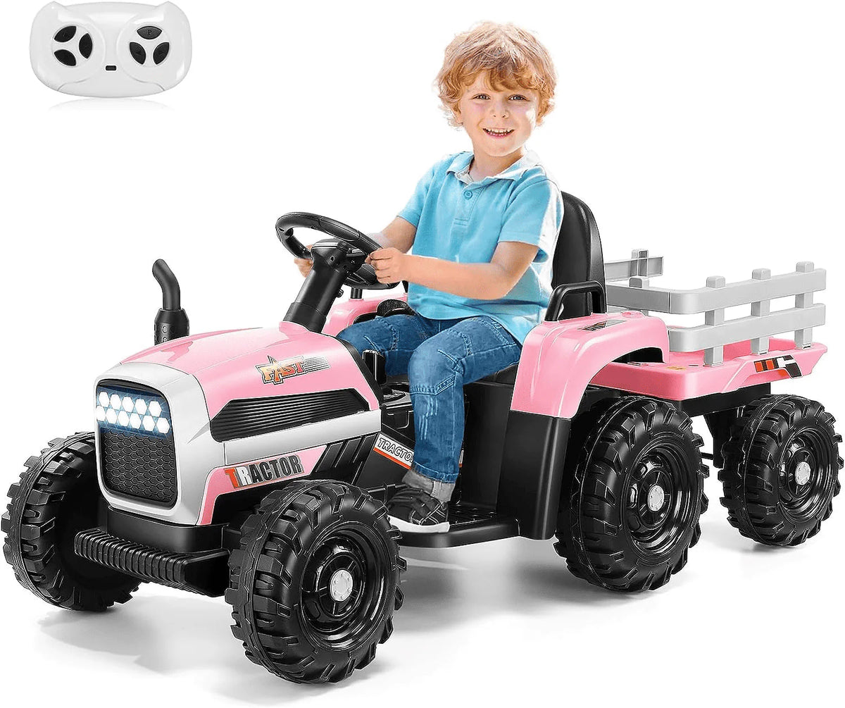 Kids Ride on Tractor with Trailer, 12 V Battery Powered, Pink Q689