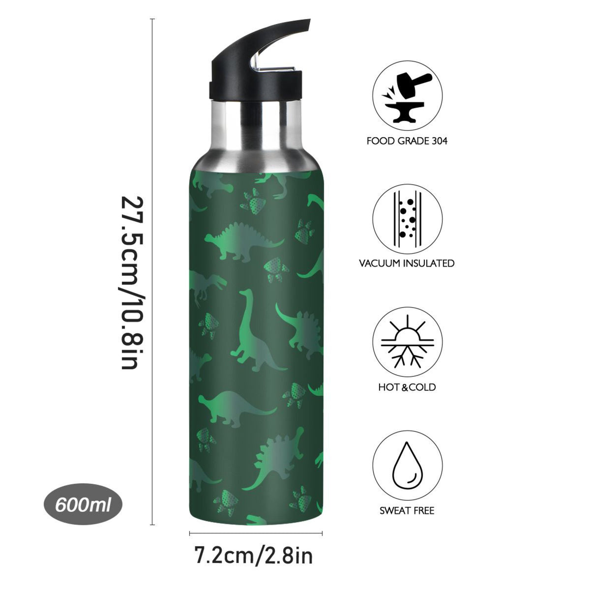 Green Dinosaur Pattern Stainless Steel Insulated Water Bottle with Straw Lid G820065