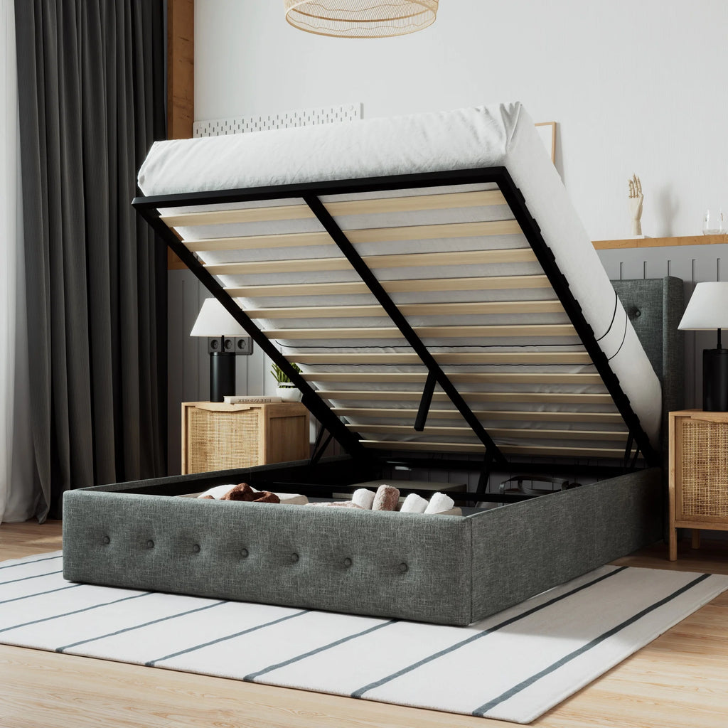 Beige Queen Size Lift Up Platform Bed Frame with Headboard V9892