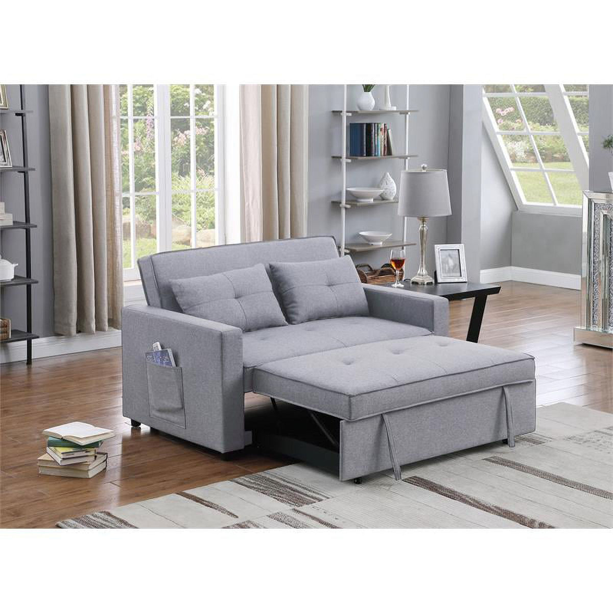 Light Gray Linen Fabric 3-in-1 Convertible Sleeper Loveseat H513959