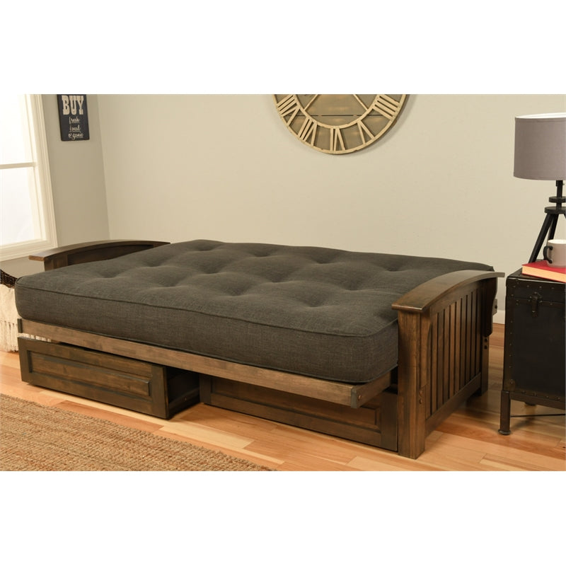Walnut Futon with Drawers and Suede Blue Mattress K671358