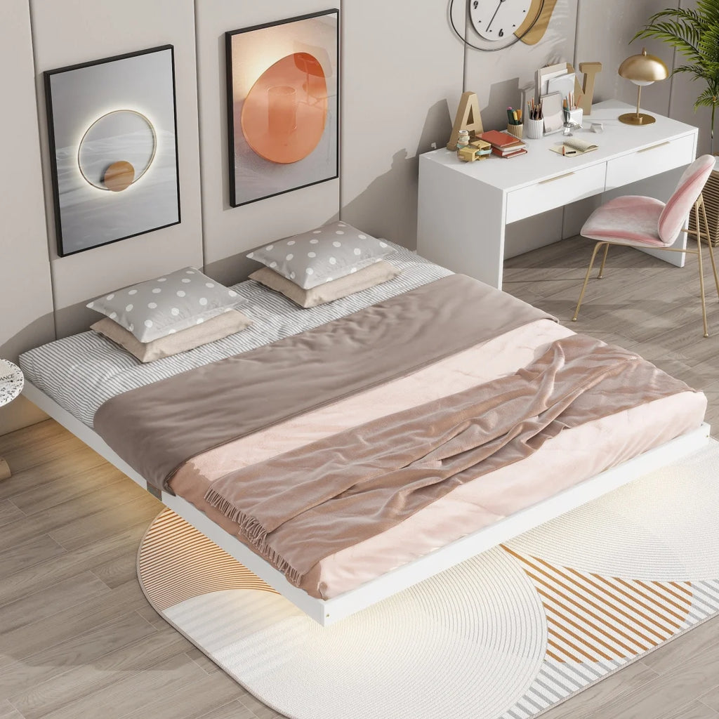 Full Size Grey Pinewood Floating Platform Bed with LED Lights T958573