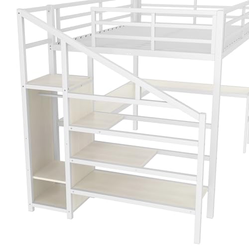 Queen Size White Wood Grain Metal Loft Bed with Desk and Wardrobe L40256