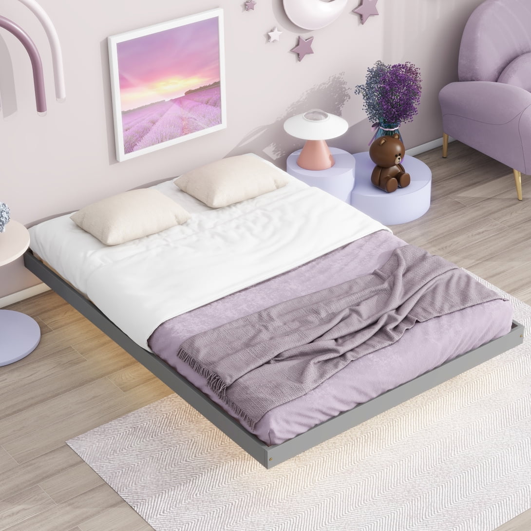 Full Size Grey Pinewood Floating Platform Bed with LED Lights T958573