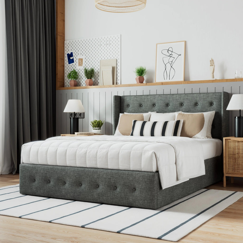 Beige Queen Size Lift Up Platform Bed Frame with Headboard V9892