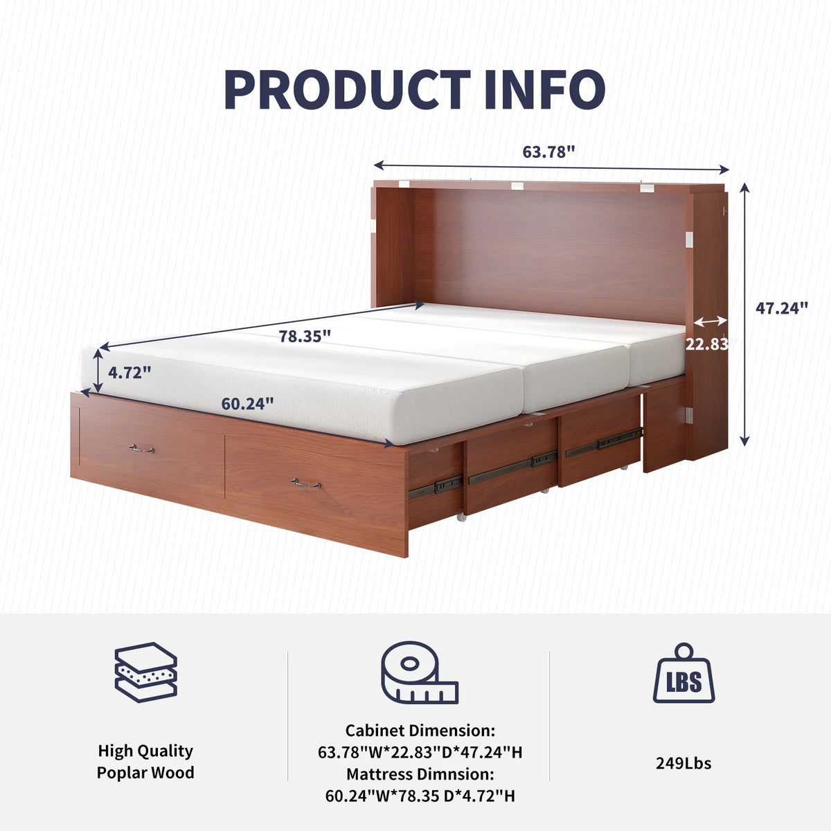 Queen Size Solid Wood Murphy Bed Cabinet with Storage Drawer and Charging Station A571