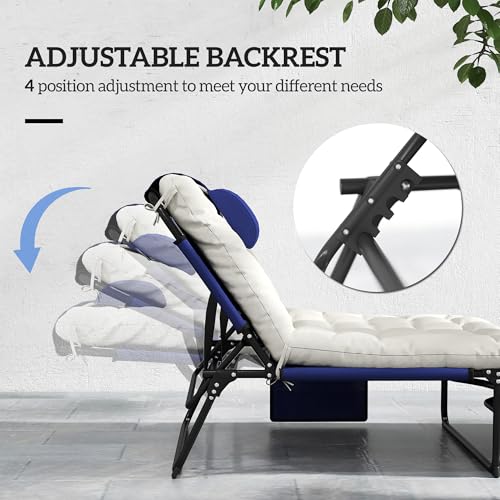 Folding Chaise Lounge with 4-Level Reclining Back, Cushion, Mesh Fabric, Side Pocket, Headrest, Gray F81423