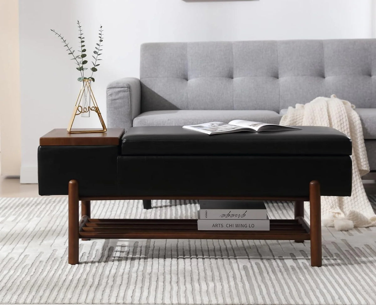 Black Leather Storage Bench with Shoe Rack W609