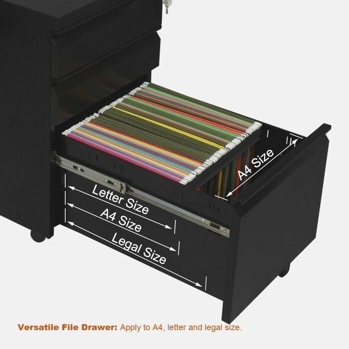 Black Metal 3-Drawer Mobile Vertical Filing Cabinet U346771