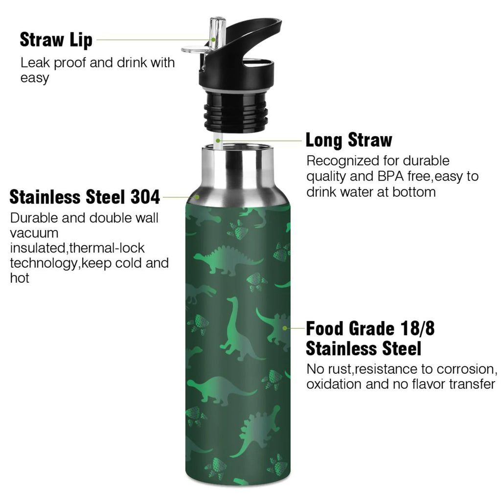 Green Dinosaur Pattern Stainless Steel Insulated Water Bottle with Straw Lid G820065