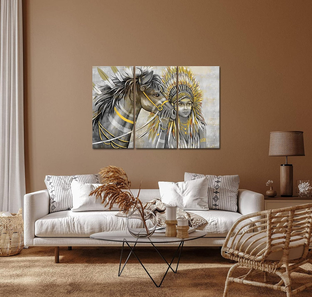 Set of 3 Canvas Painting Native American Women with Horse Feathers Headdress Poster Artwork Framed I8798