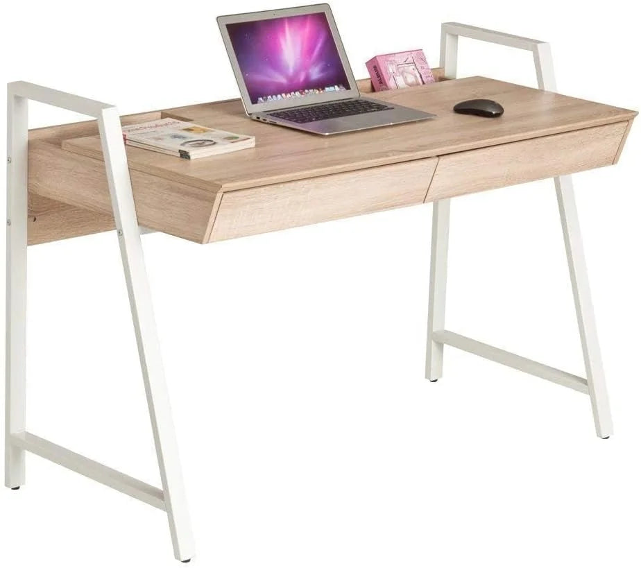 White Wood Computer Desk with Monitor Shelf and Drawers Y55489
