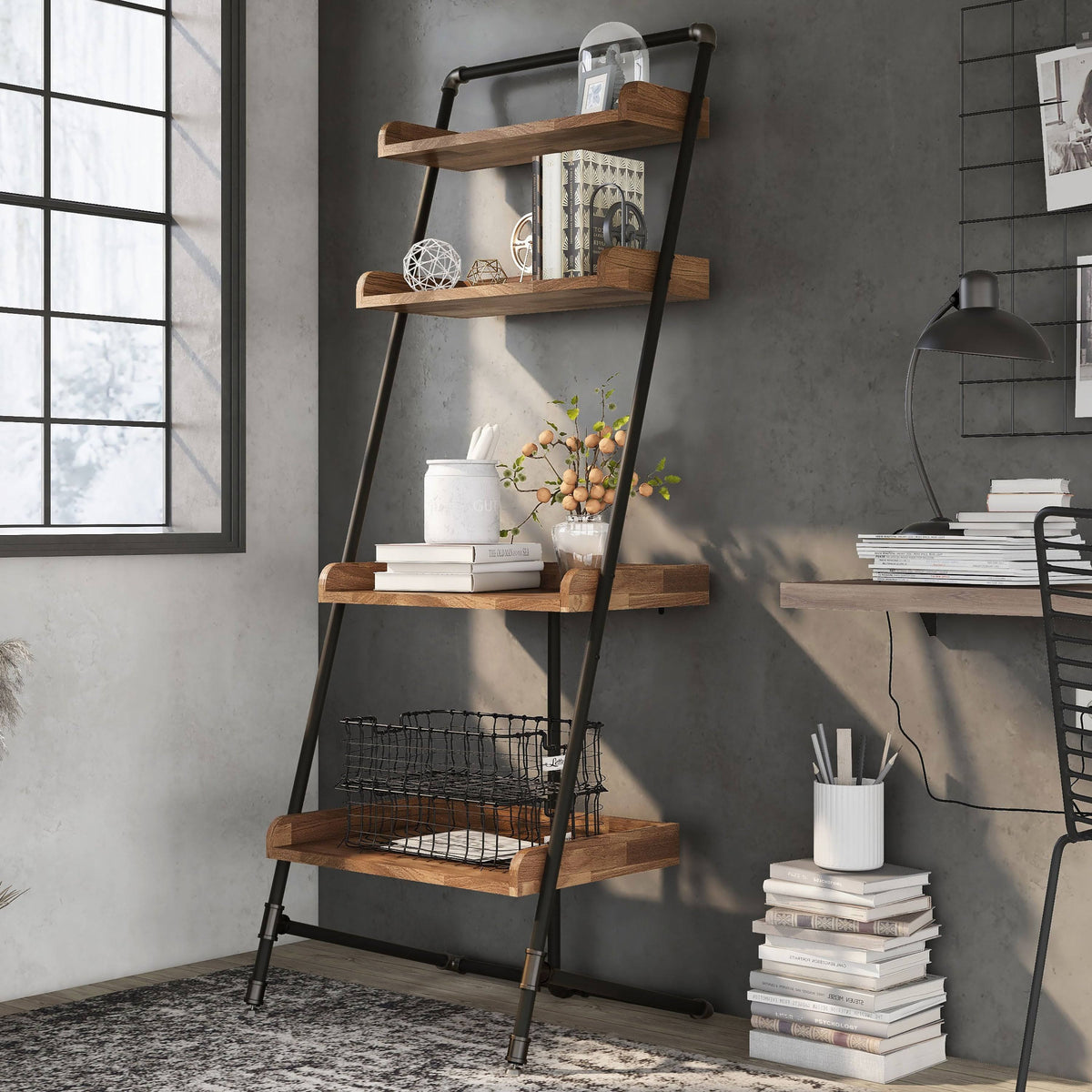 Vintage Grey Oak 3-Piece Desk and Display Shelf Set N62209