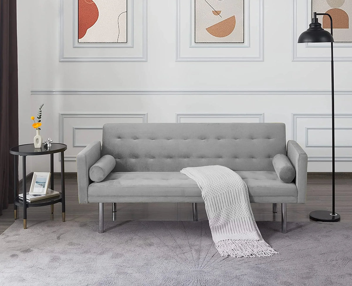 Square Arm Velvet Futon Sofa Bed, Convertible Sleeper Sofa with 2 Pillows, Twin Sleeper Size J73298