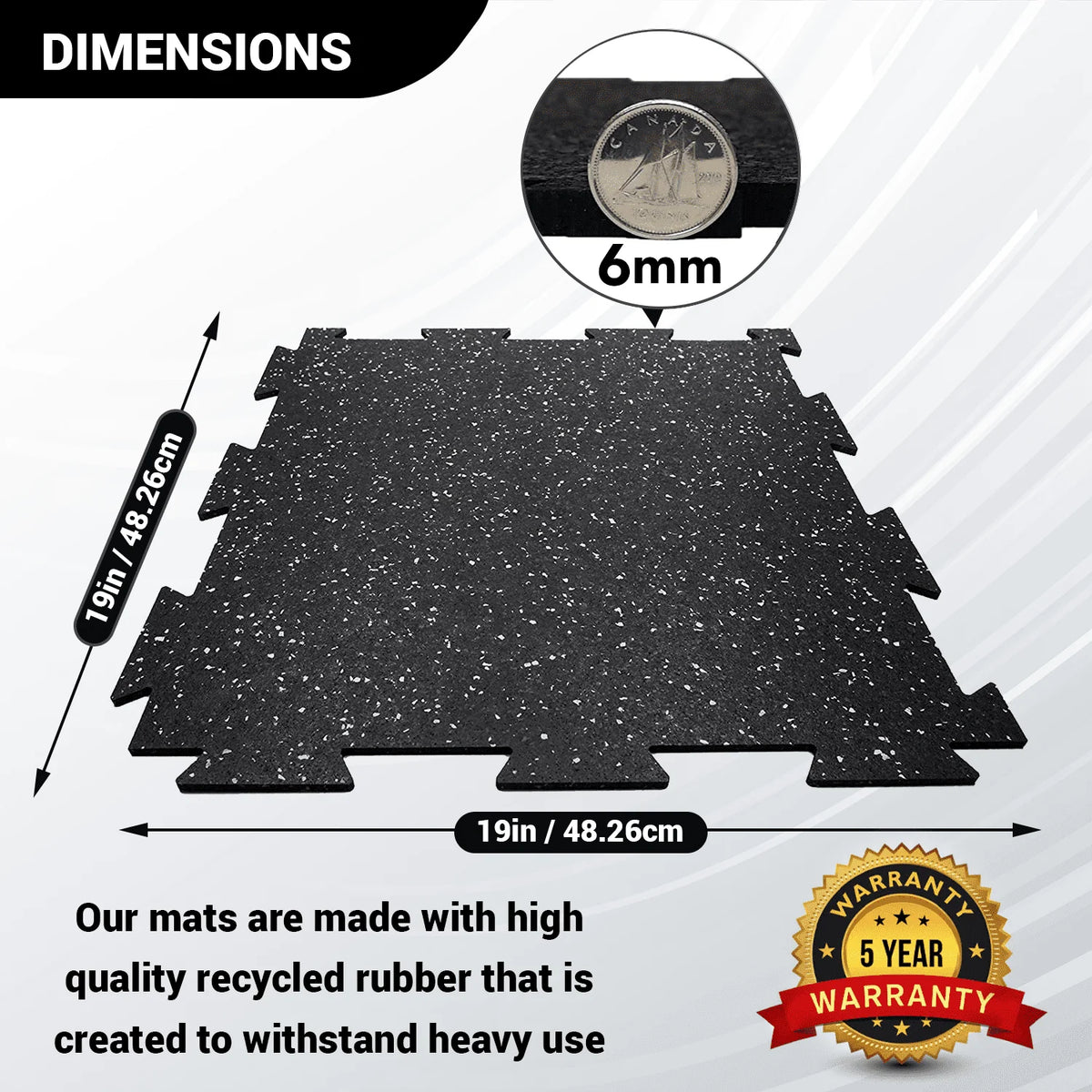 19 x 19 x 6mm Fitness Rubber Tiles, 23.5 SF, Grey, 10 Piece B154