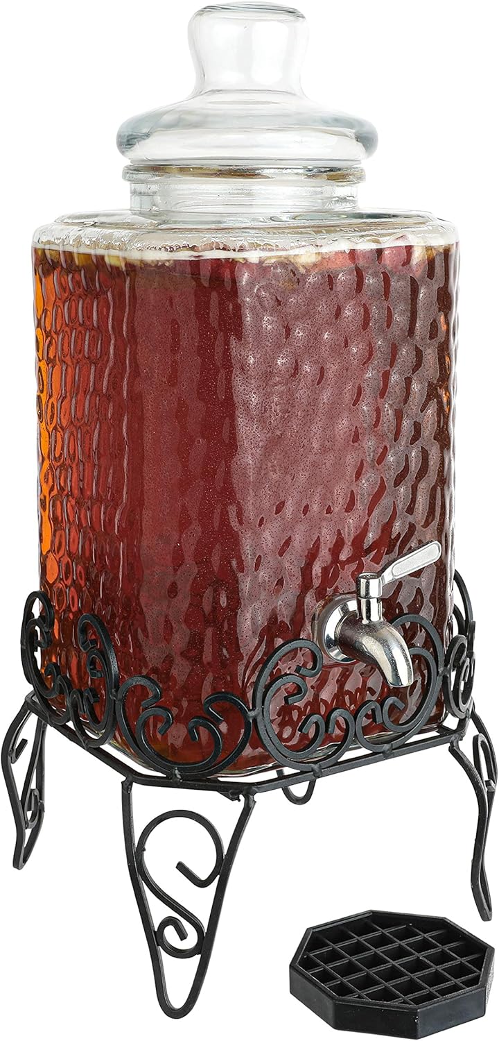 2.5 Gallon Glass Beverage Dispenser with Stainless Steel Spigot on Metal Stand and Drip Tray, Pack of 2 T767578