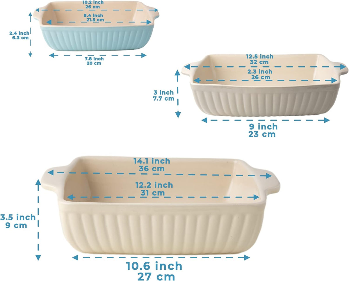 Ceramic Bakeware Set of 3 Stoneware Casserole Dish Rectangular Baking Pans Q91874